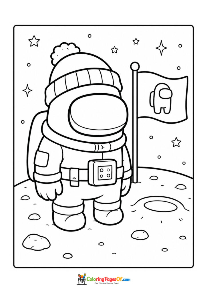 Among Us astronaut coloring page standing on the moon beside a crewmate flag