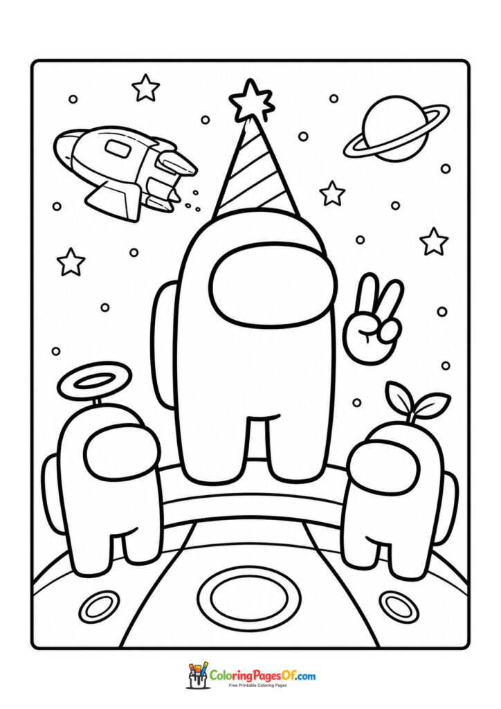 Among Us party crewmates coloring page with a party hat, halo and sprout