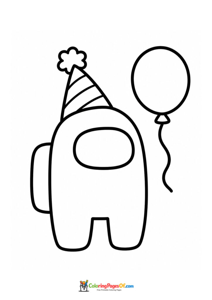 Among Us party coloring page with a crewmate wearing a party hat and holding a balloon