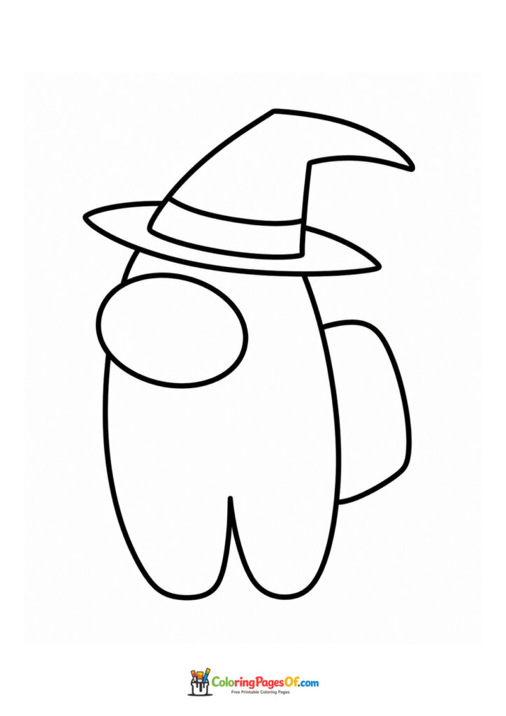 Among Us witch hat coloring page with a crewmate wearing a pointed hat