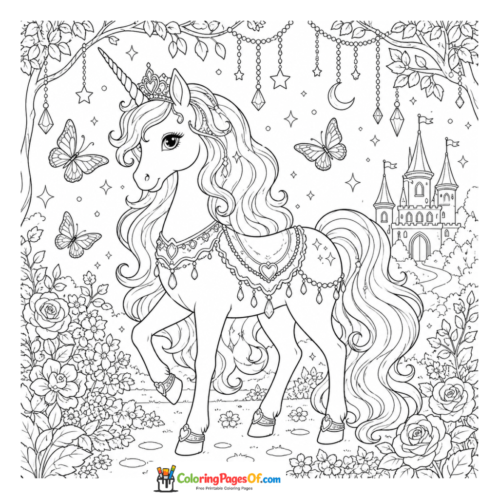 Unicornio princesa delante de un castillo de cuento para colorear