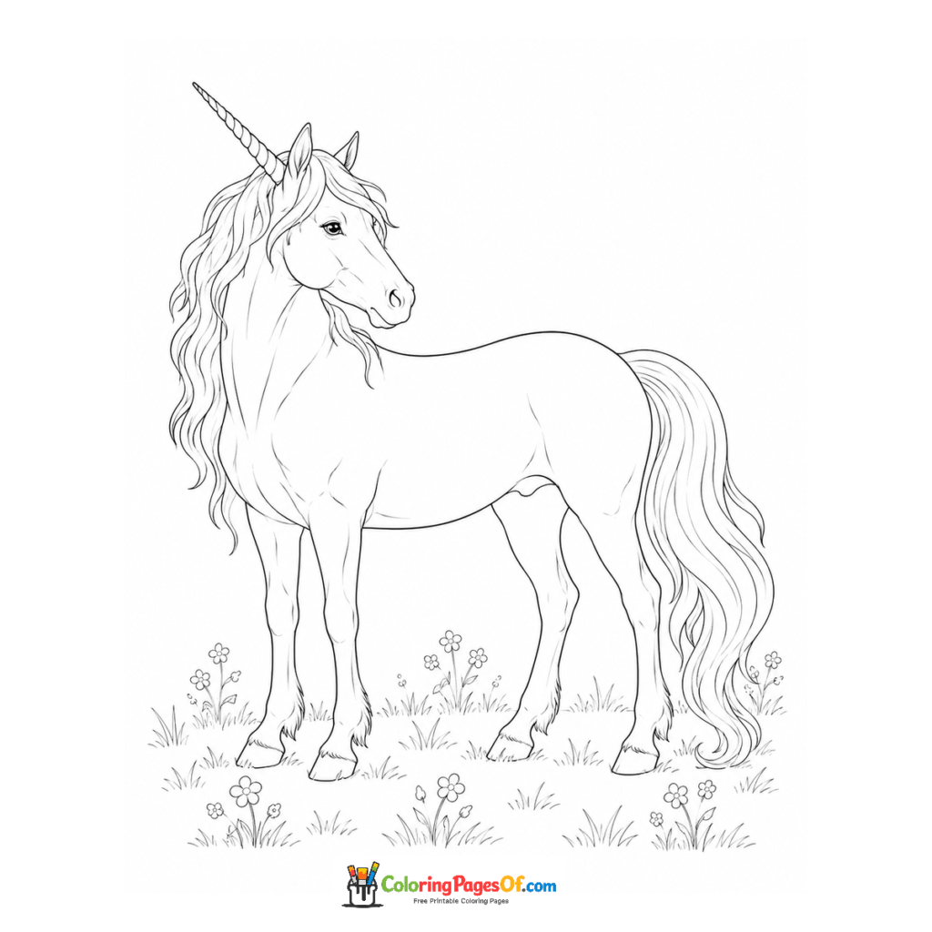 Realistic unicorn standing in a flower meadow coloring page