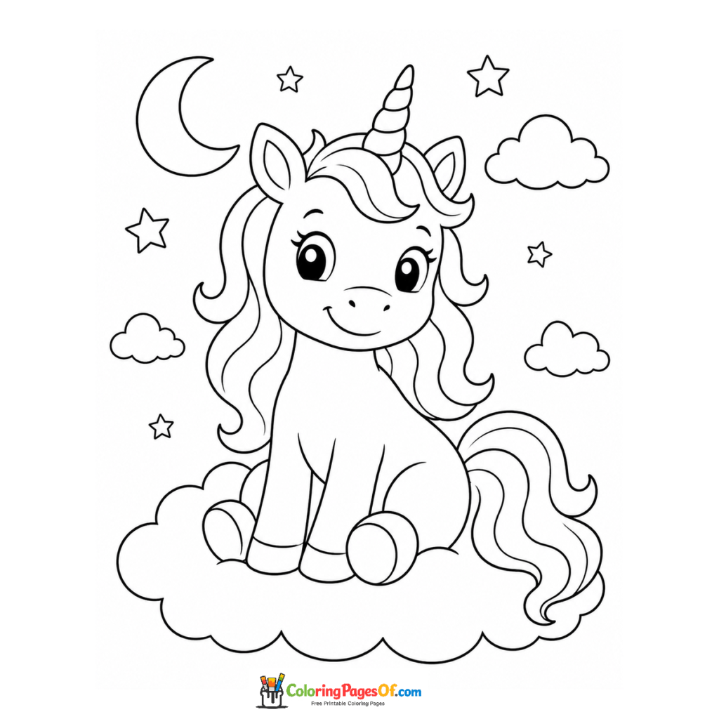 Unicornio sentado en una nube con luna y estrellas para colorear