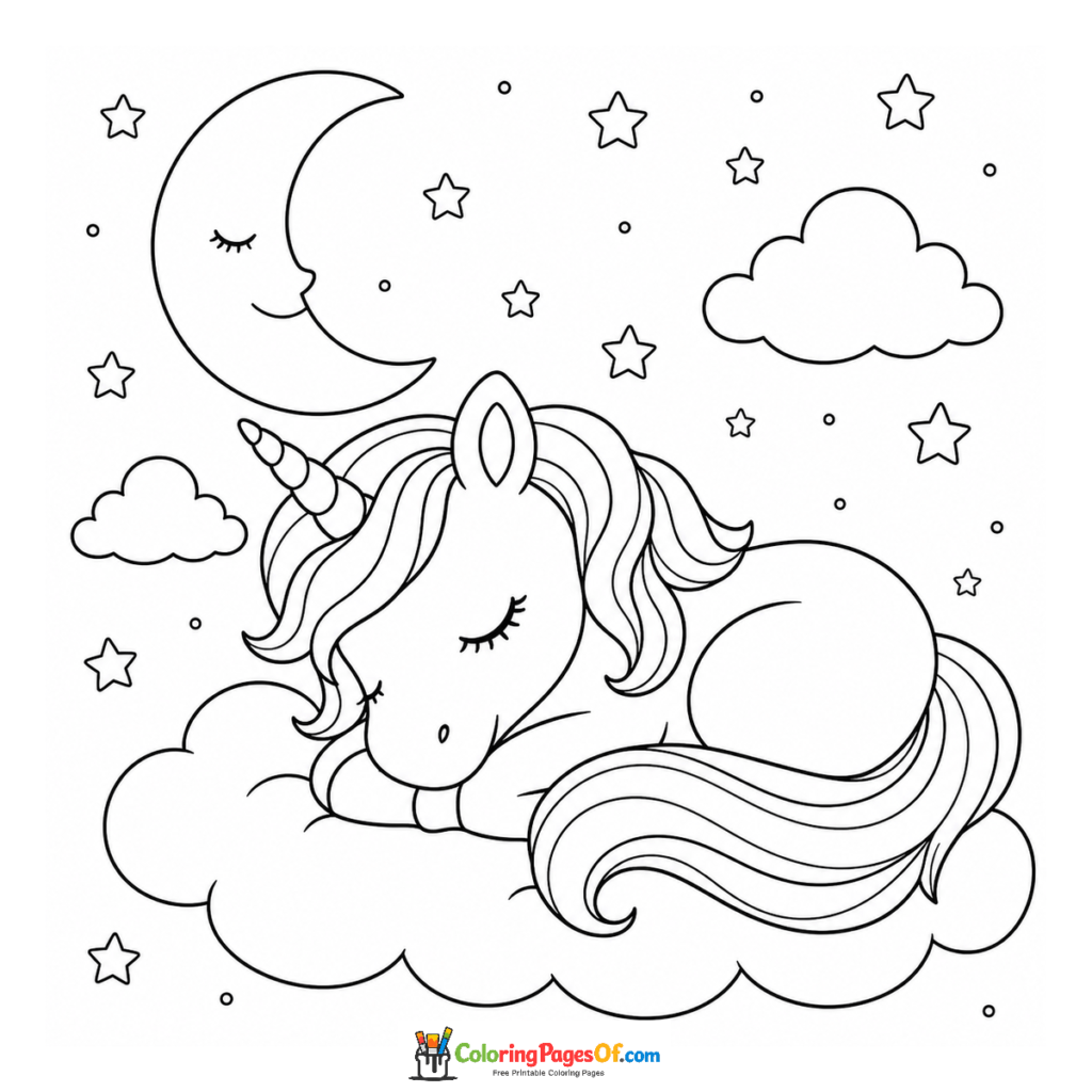 Unicornio dormido en una nube bajo un cielo estrellado para colorear