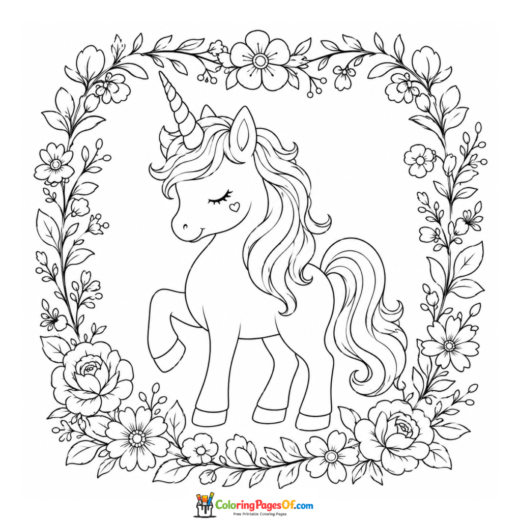 Unicornio en un marco floral decorativo para colorear
