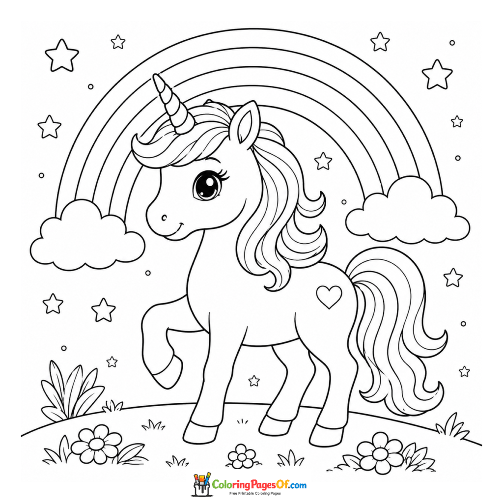 Unicornio sonriente bajo un arcoíris para colorear