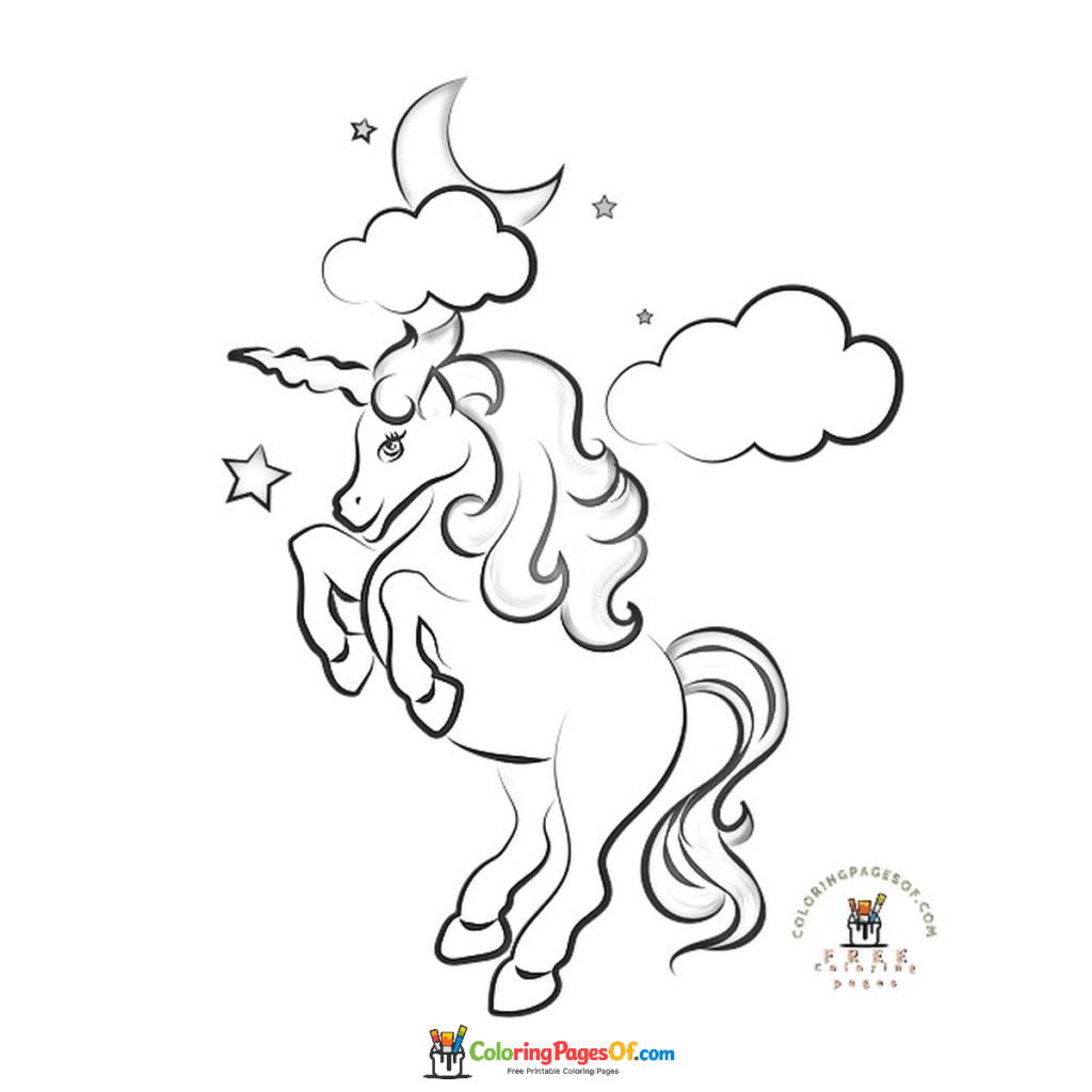 Unicornio mágico bajo la luna, nubes y estrellas para colorear