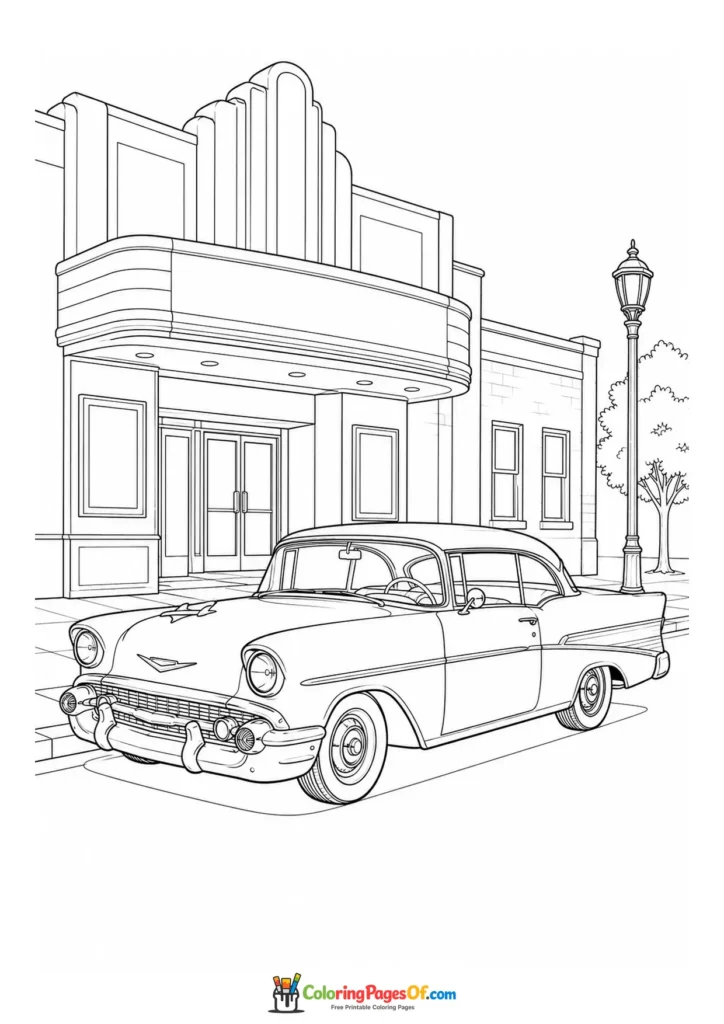 1950s classic car outside a theater printable coloring sheet