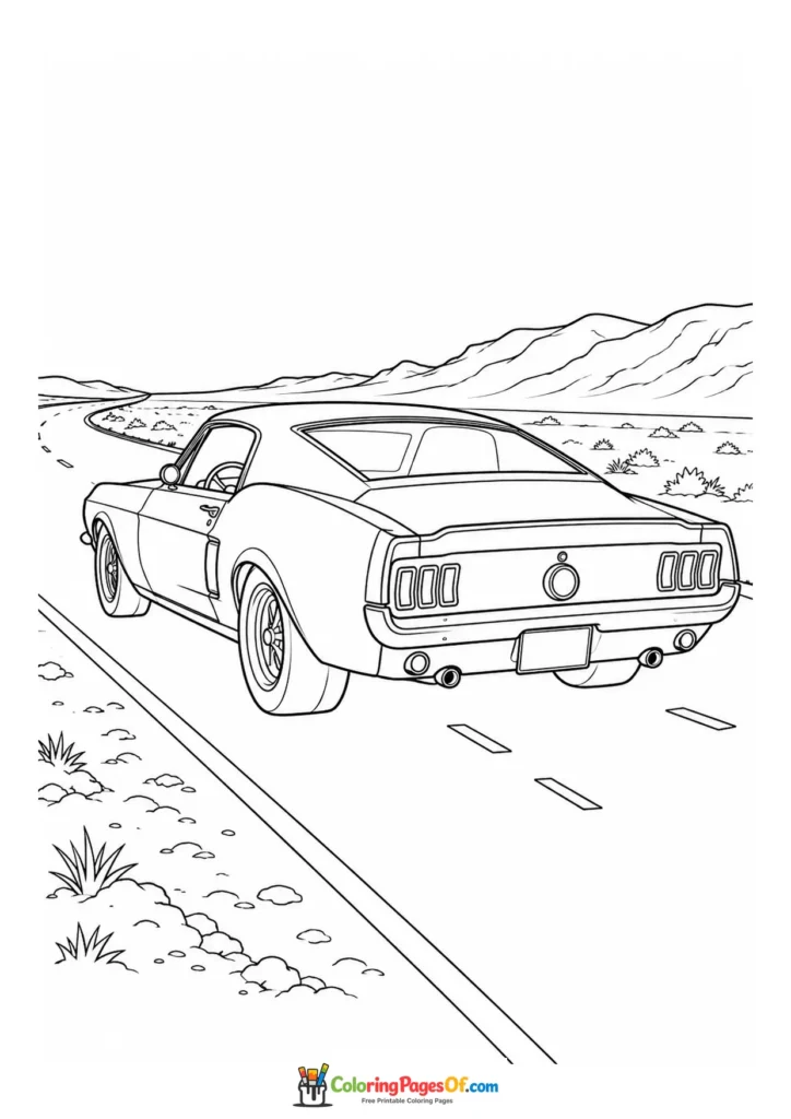 Black and white 1960s muscle car on a desert highway coloring page