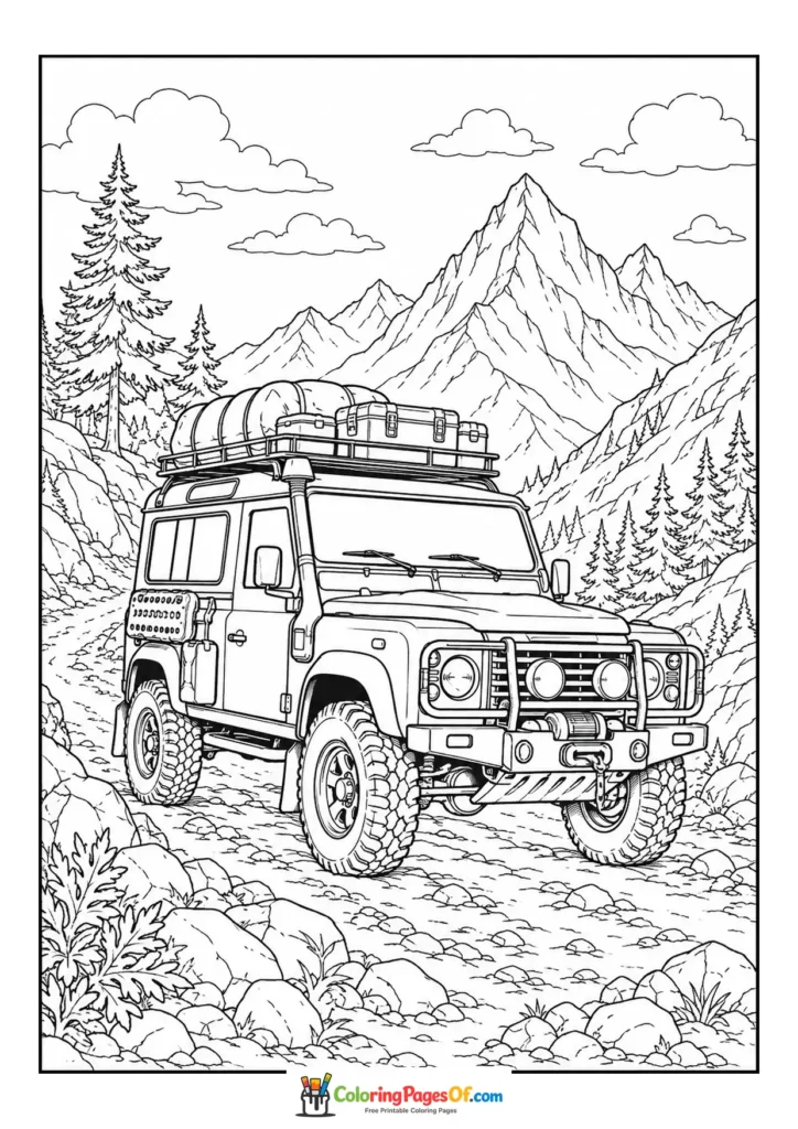 Printable adventure 4x4 on a mountain track coloring picture