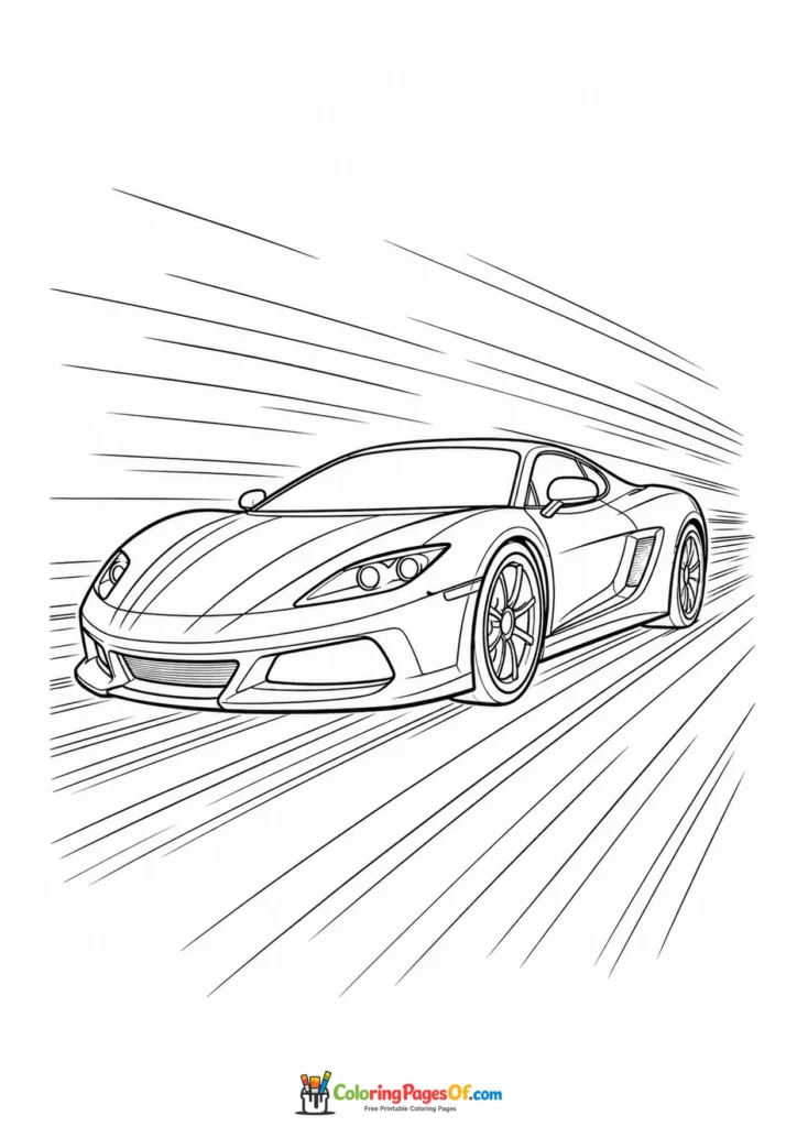 Printable aerodynamic sports car with motion lines coloring picture