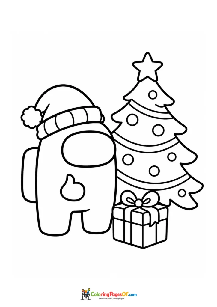 Dibujo de Among Us con árbol de Navidad y regalo para colorear