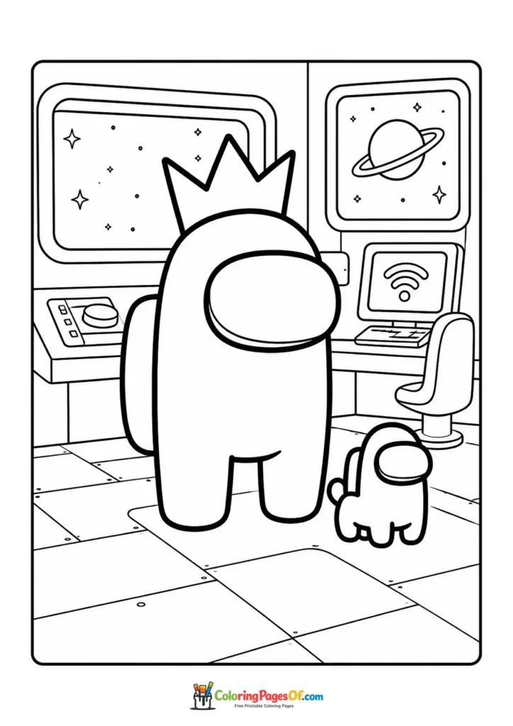 Dibujo de Tripulante de Among Us con corona en una nave espacial para colorear