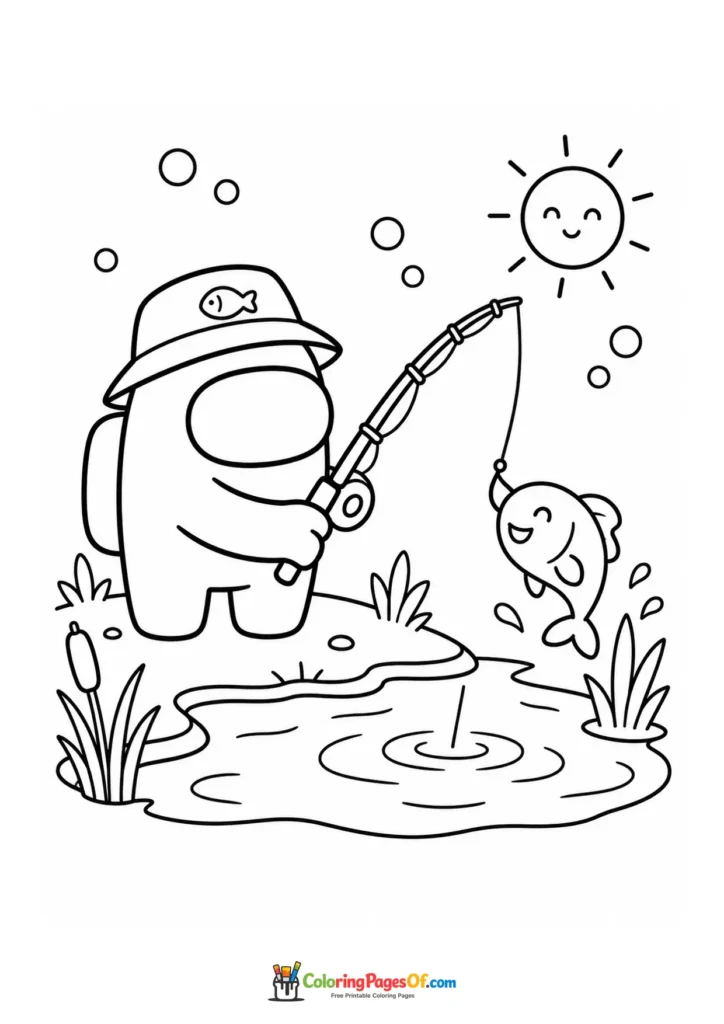 Dibujo de Among Us pescando un pez que salta para colorear