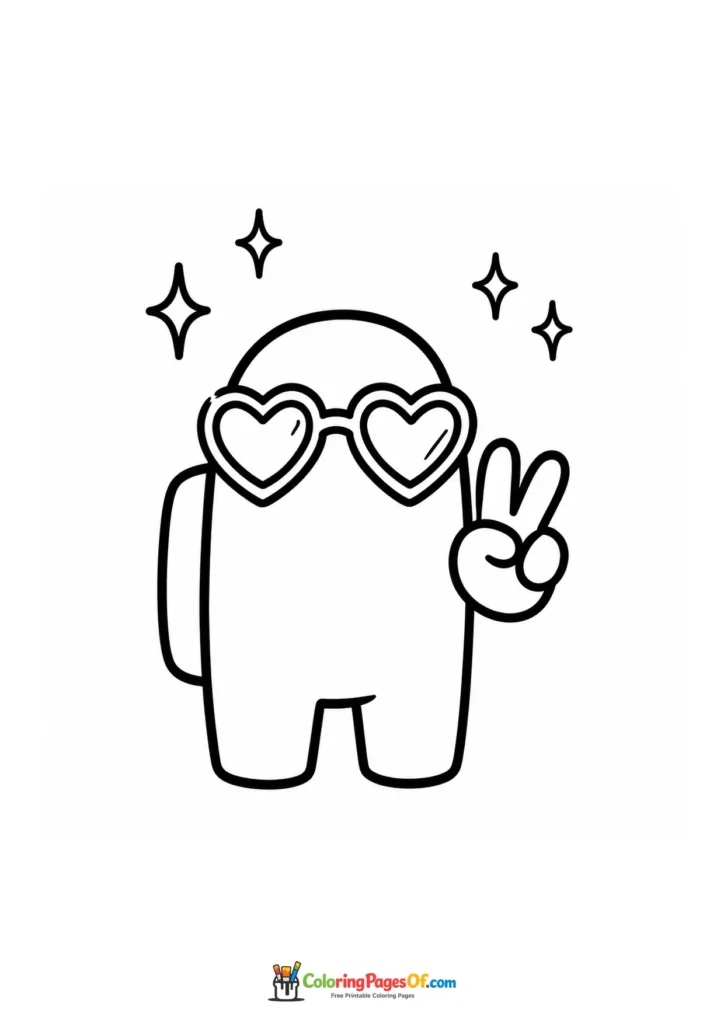 Dibujo de Among Us con gafas de corazón y símbolo de paz para colorear