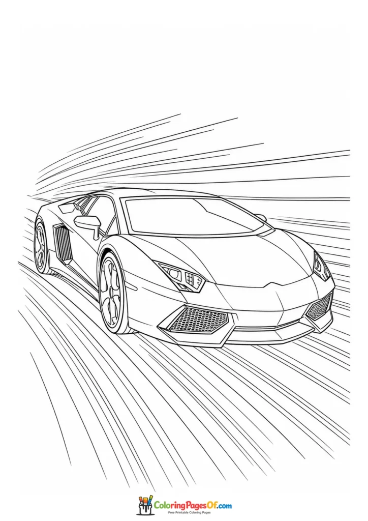 Angular supercar with speed lines printable coloring sheet