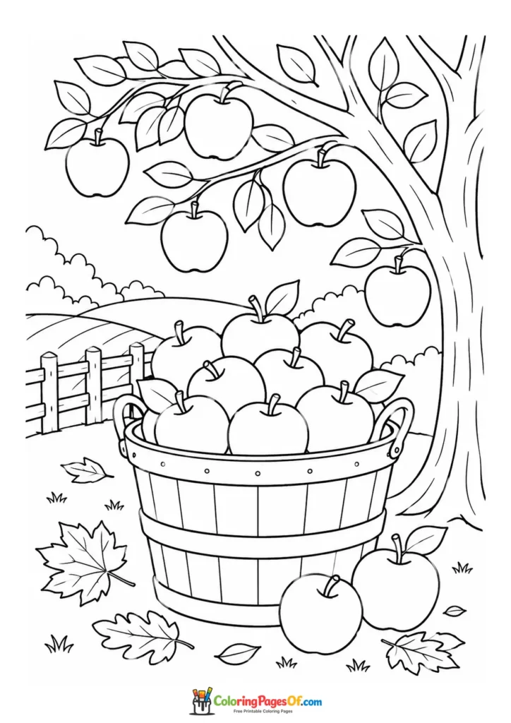 Fall coloring page featuring autumn apple orchard