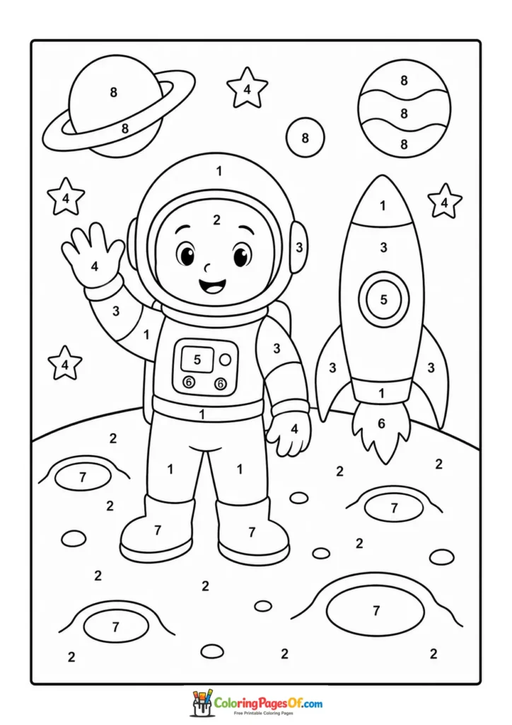 Astronaut and Rocket on Moon color by number coloring page