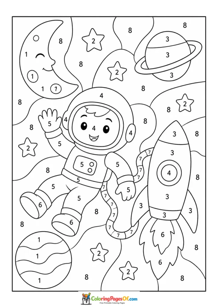 Astronaut Floating in Space color by number coloring page