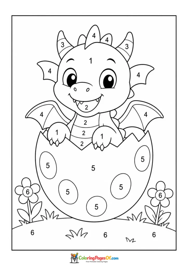 Baby Dragon in an Egg Color by Number with clear numbered coloring areas for kids