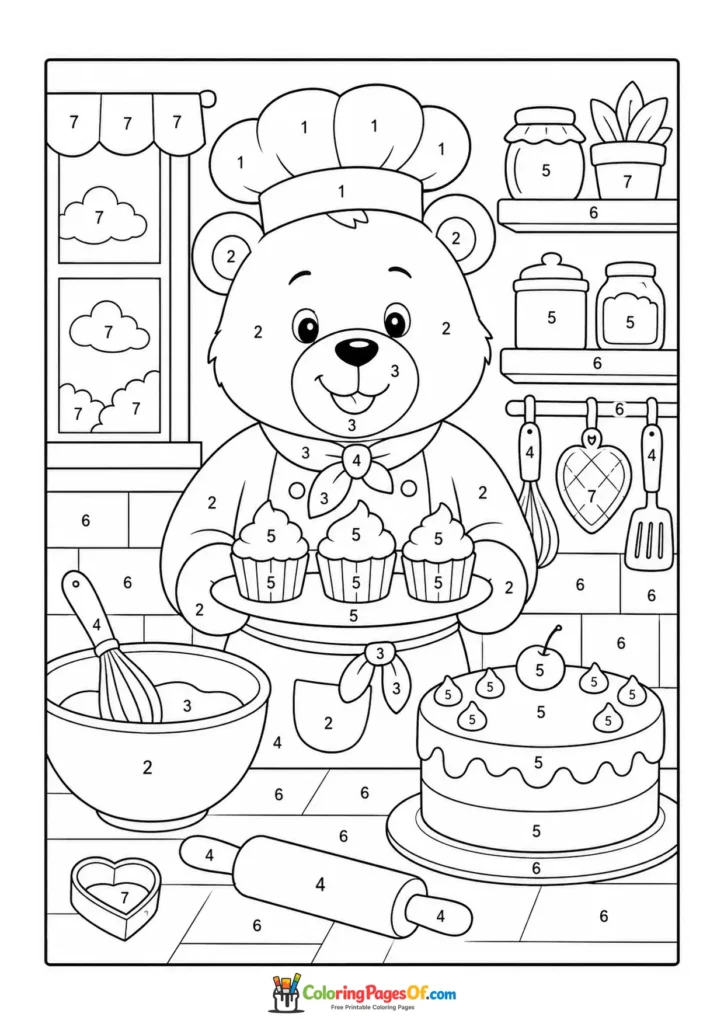 Bear Baking Cake color by number coloring page