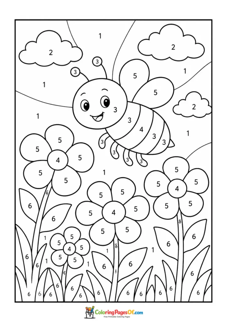 Bee Flying over Flowers color by number coloring page