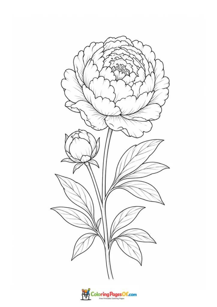 Large botanical peony with a bud and narrow leaves coloring page