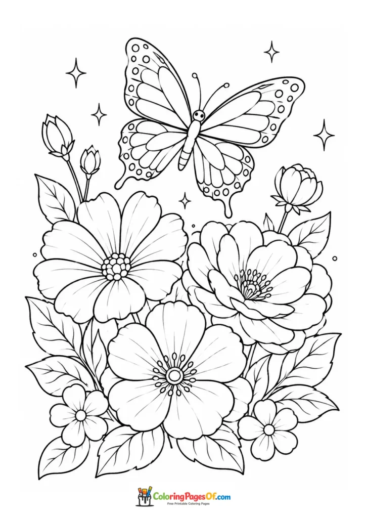 Large butterfly flying above a group of blooming flowers coloring page