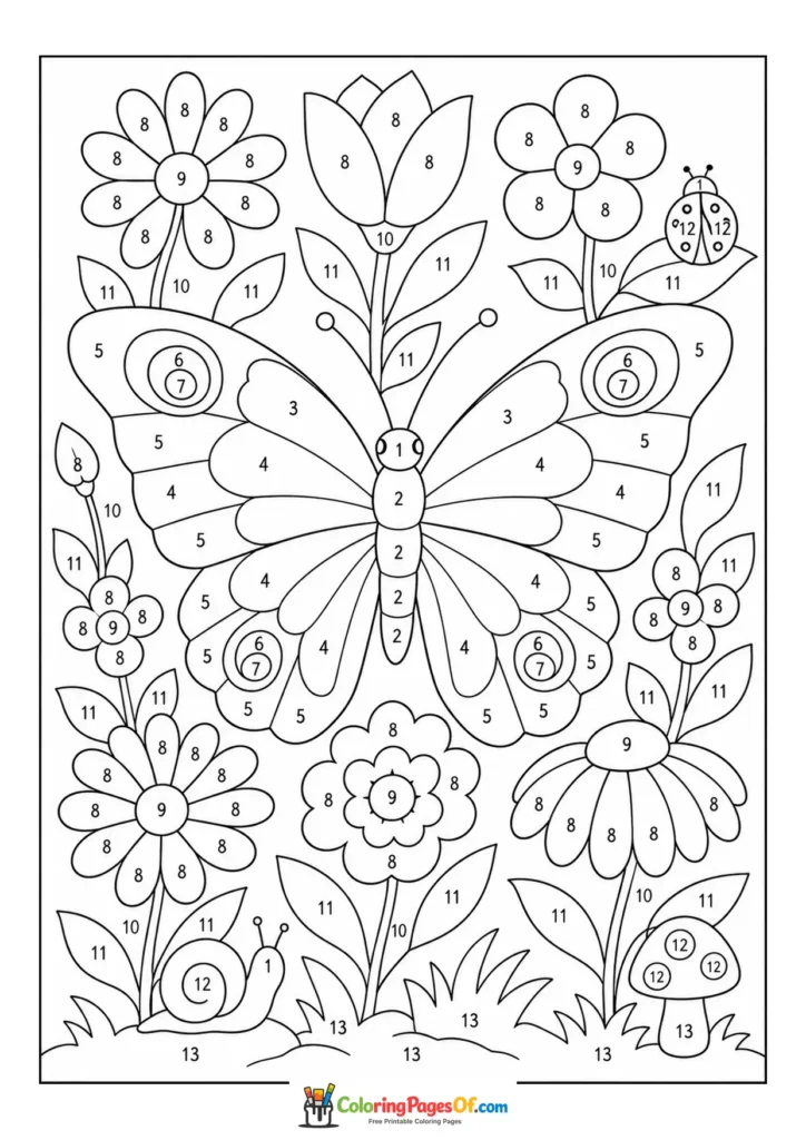 Butterfly in Flower Garden color by number coloring page