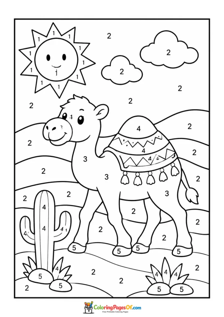 Camel in Desert color by number coloring page