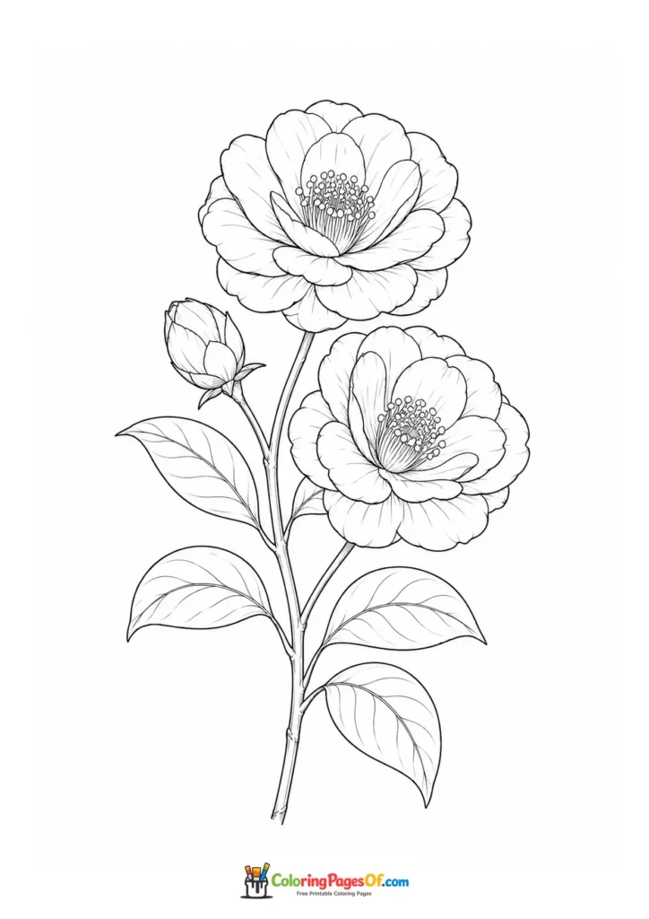 Camellia branch with two open flowers, a bud and smooth leaves coloring page