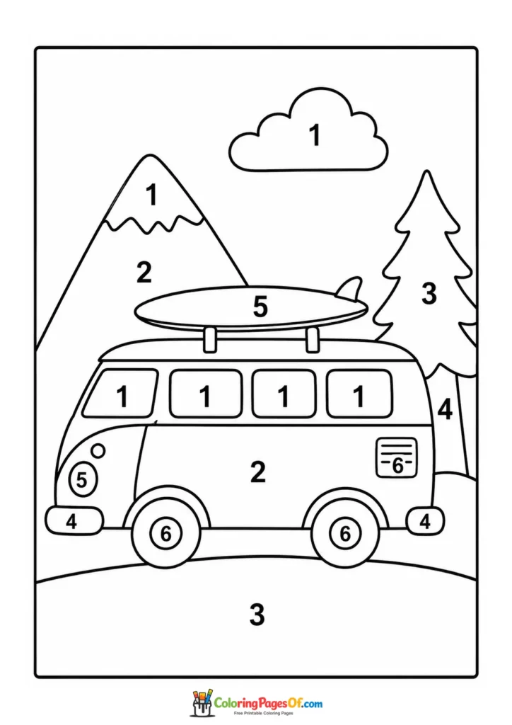 Camper van with mountains color by number coloring page