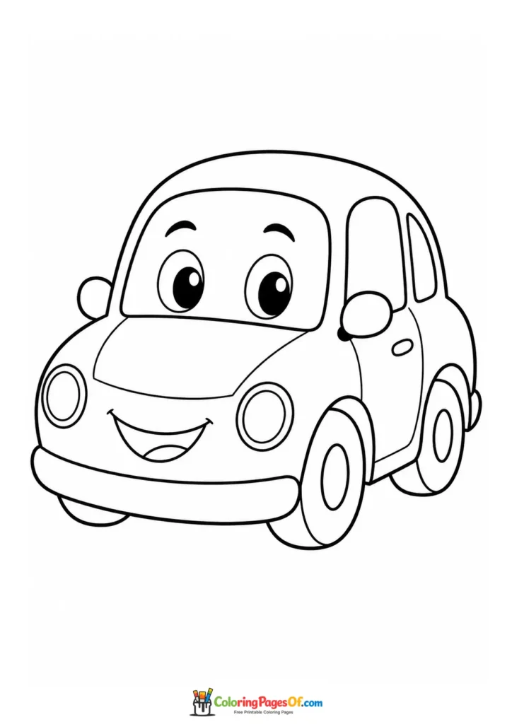 Black and white cartoon car with big eyes coloring page