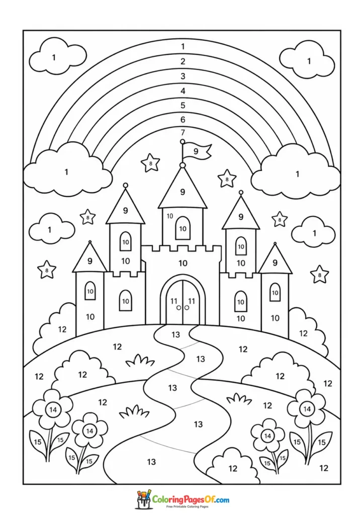 Castle Under Rainbow color by number coloring page
