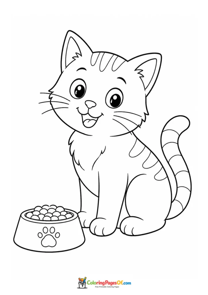 Cat beside a food bowl – printable black and white coloring page