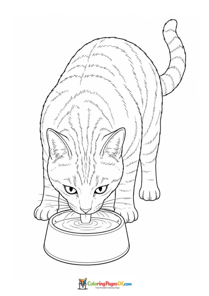 Cat eating from a food bowl – printable black and white coloring page