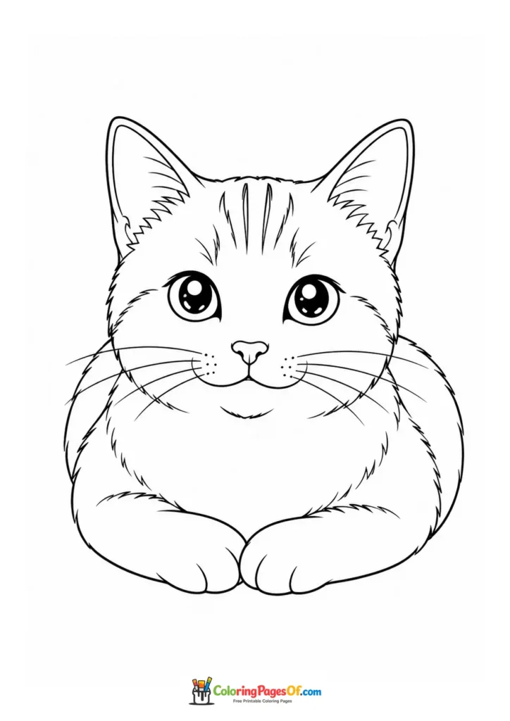 Cat face and front paws – printable black and white coloring page