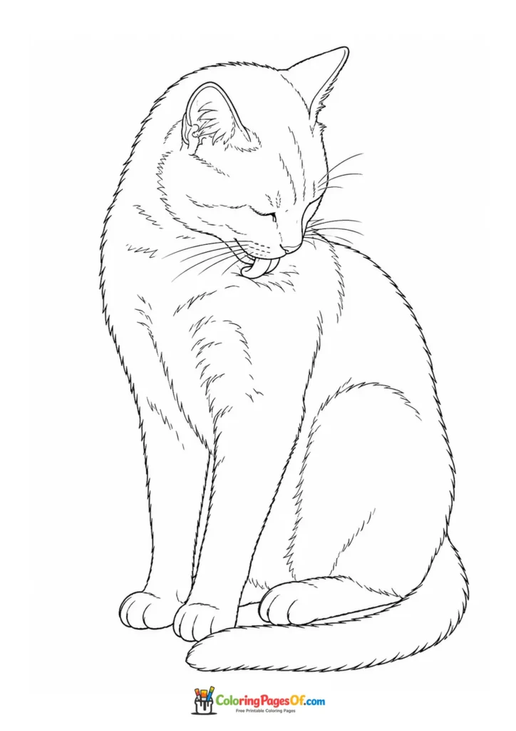 Cat grooming its chest – printable black and white coloring page