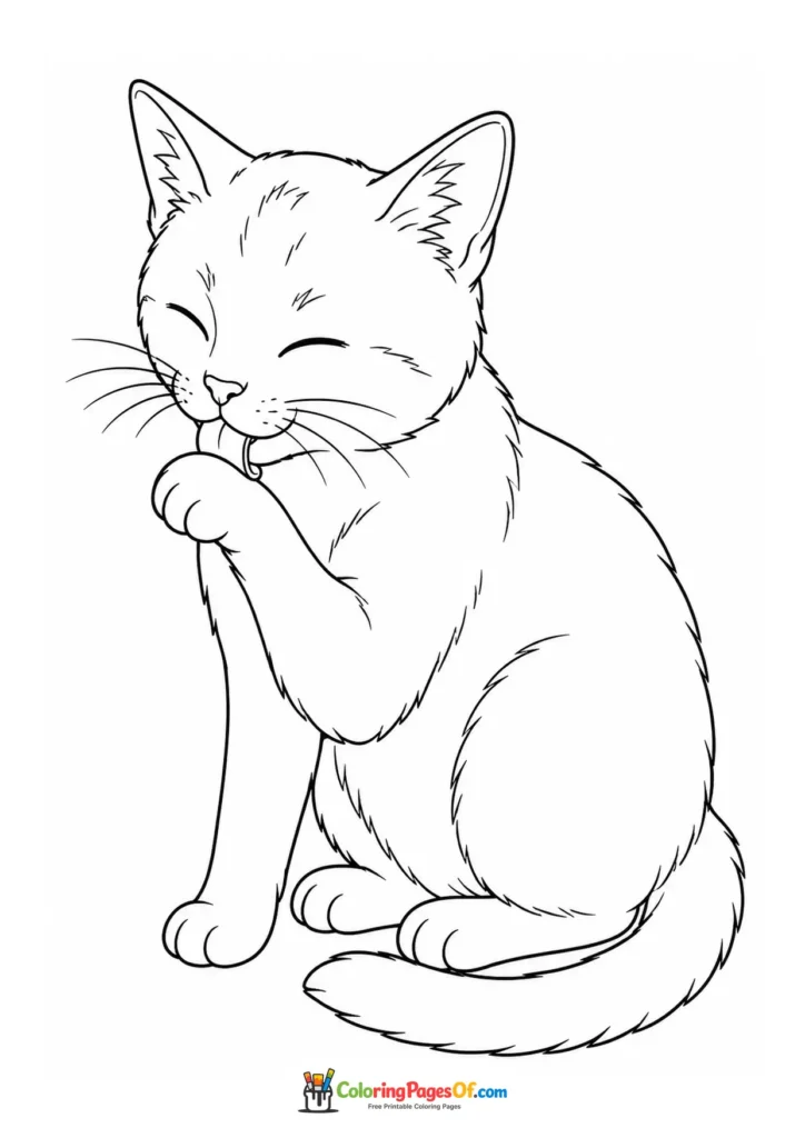 Cat grooming its paw – printable black and white coloring page
