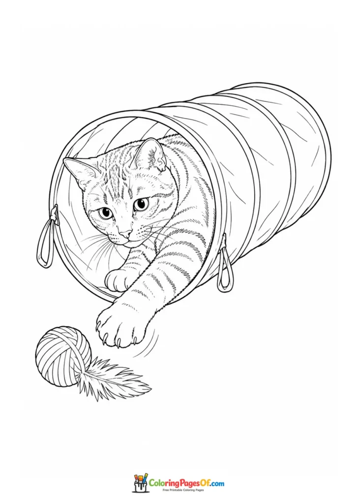 Cat in a play tunnel with yarn – printable black and white coloring page