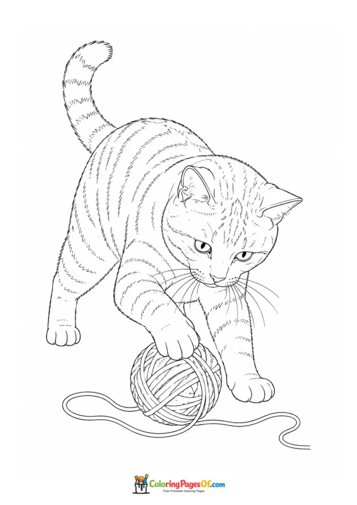 Cat playing with a ball of yarn – printable black and white coloring page