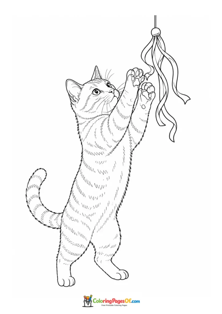 Cat playing with a ribbon toy – printable black and white coloring page
