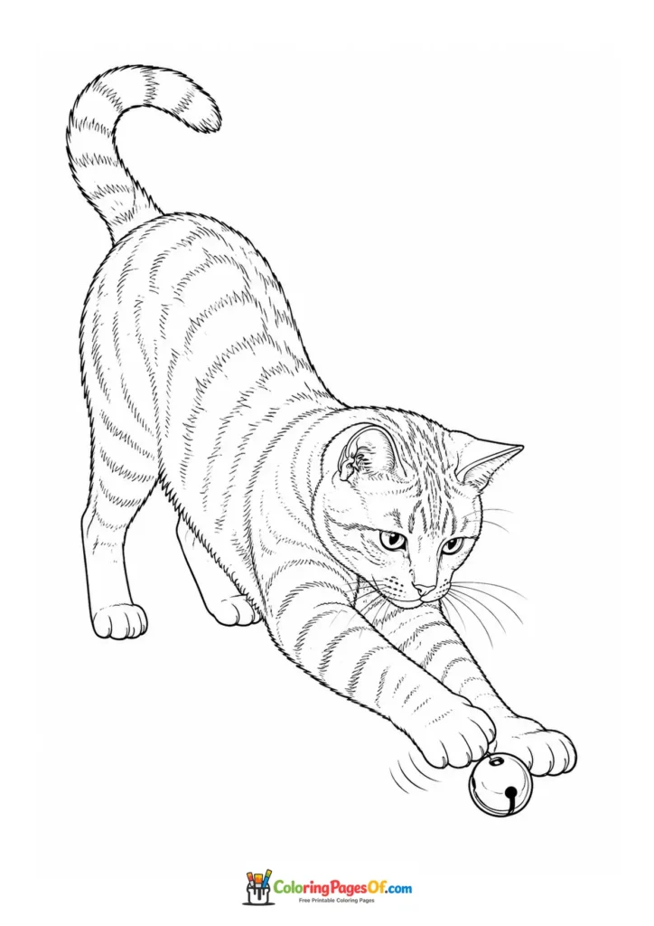 Cat playing with a small toy ball – printable black and white coloring page