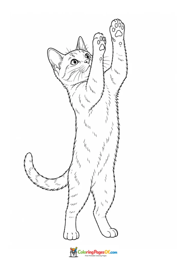 Cat reaching upward – printable black and white coloring page