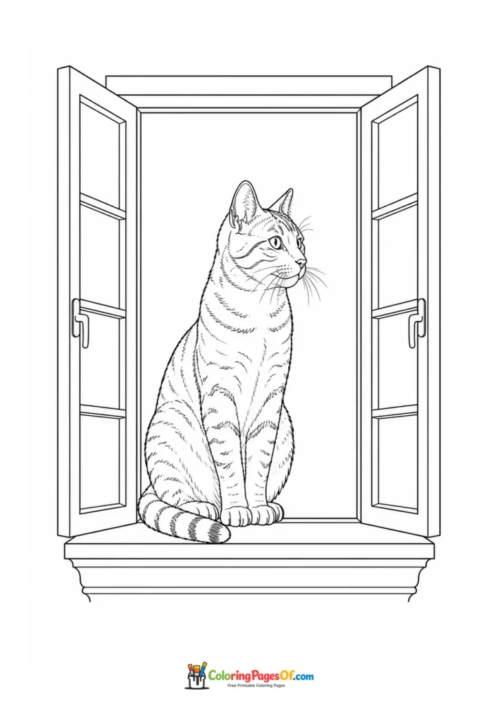 Cat sitting in an open window – printable black and white coloring page