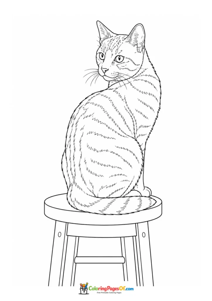 Cat sitting on a stool – printable black and white coloring page
