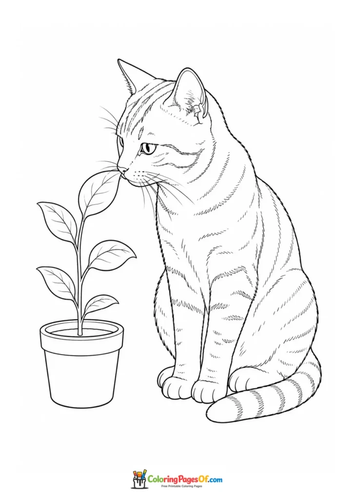 Cat sniffing a potted plant – printable black and white coloring page