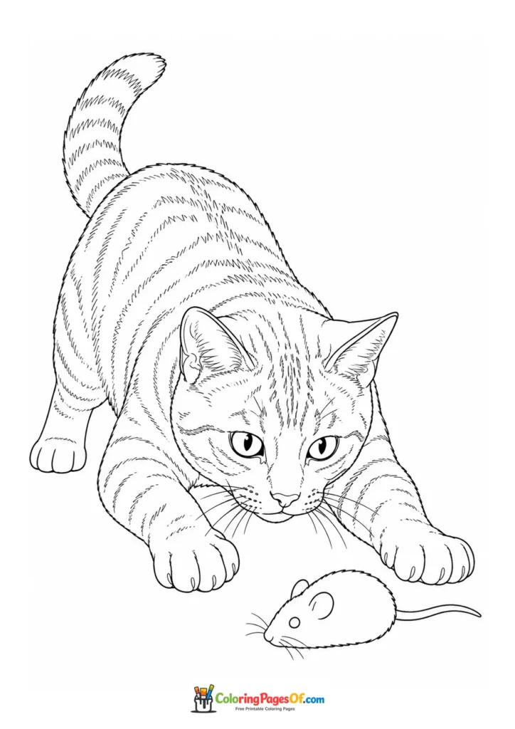 Cat stalking a toy mouse with paws out – printable black and white coloring page