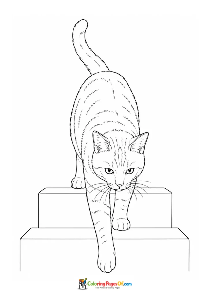 Cat stepping down from a ledge – printable black and white coloring page