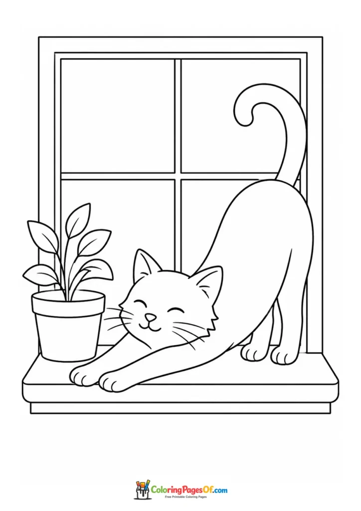Cat stretching by a window with a potted plant – printable black and white coloring page